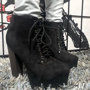 TRAFFIC Lace Up Chunky Heel Black Suede Booties
